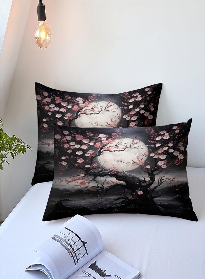 CCoutueChen Japanese Style Cherry Blossom Comforter Set Twin Pink Cherry Blossoms Bedding Black Floral Bedding Set 2Pcs Oriental Comforter Asian Art Decorative Bedding Comforter Set for All Season - Image 4