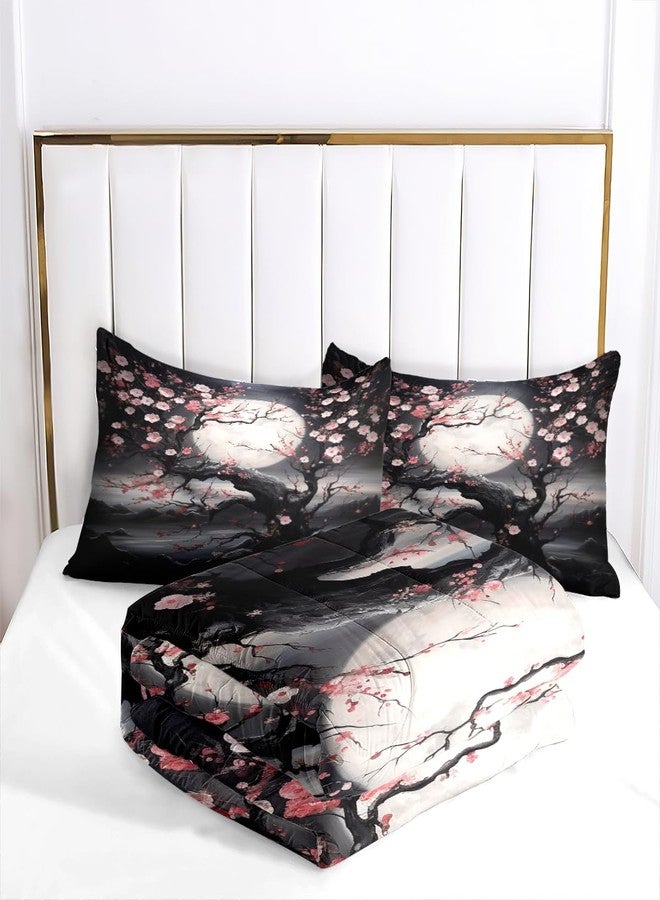 CCoutueChen Japanese Style Cherry Blossom Comforter Set Twin Pink Cherry Blossoms Bedding Black Floral Bedding Set 2Pcs Oriental Comforter Asian Art Decorative Bedding Comforter Set for All Season - Image 3