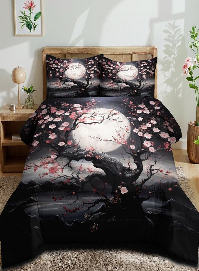 CCoutueChen Japanese Style Cherry Blossom Comforter Set Twin Pink Cherry Blossoms Bedding Black Floral Bedding Set 2Pcs Oriental Comforter Asian Art Decorative Bedding Comforter Set for All Season - Image 1