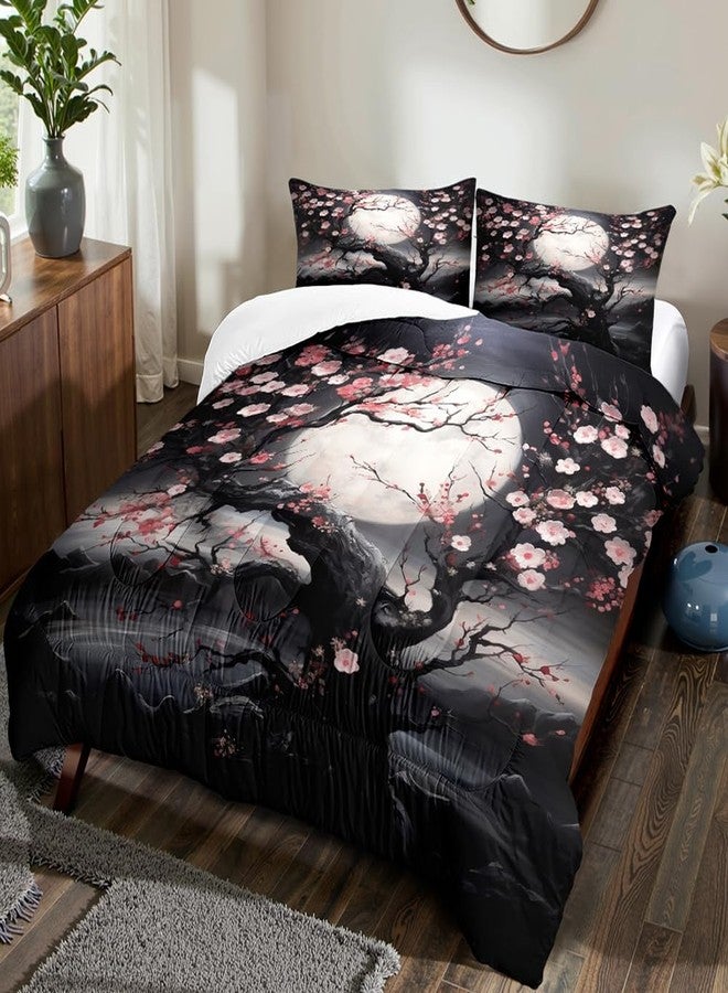 CCoutueChen Japanese Style Cherry Blossom Comforter Set Twin Pink Cherry Blossoms Bedding Black Floral Bedding Set 2Pcs Oriental Comforter Asian Art Decorative Bedding Comforter Set for All Season - Image 2