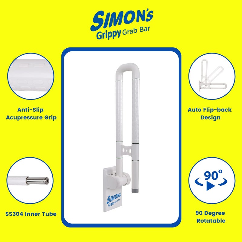 Simon's Grippy Flip-Up Nylon+SS304 Folding Grab bar for Toilet and Commode Rising of Elderly Safety Anti Slip handrail and Support Handle - 60 cm - Pack of 1 - Image 2