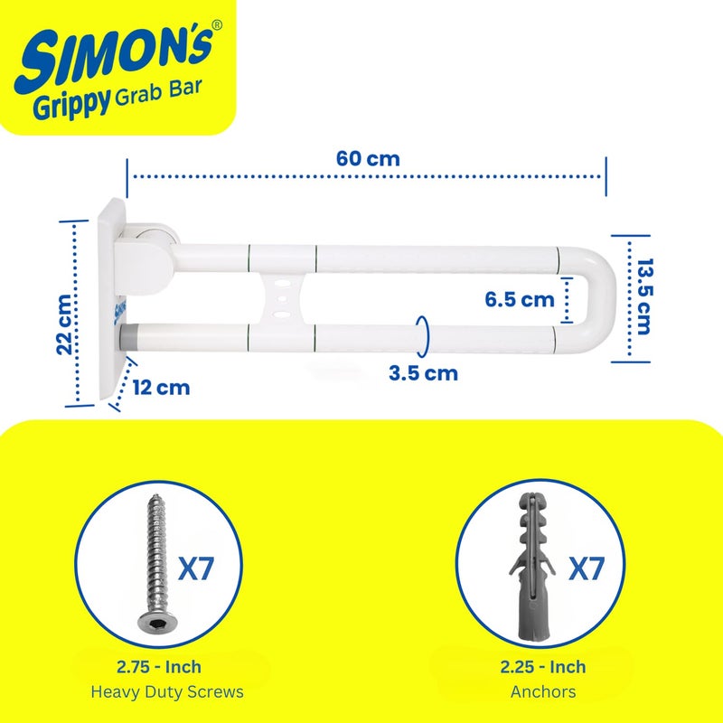Simon's Grippy Flip-Up Nylon+SS304 Folding Grab bar for Toilet and Commode Rising of Elderly Safety Anti Slip handrail and Support Handle - 60 cm - Pack of 1 - Image 3