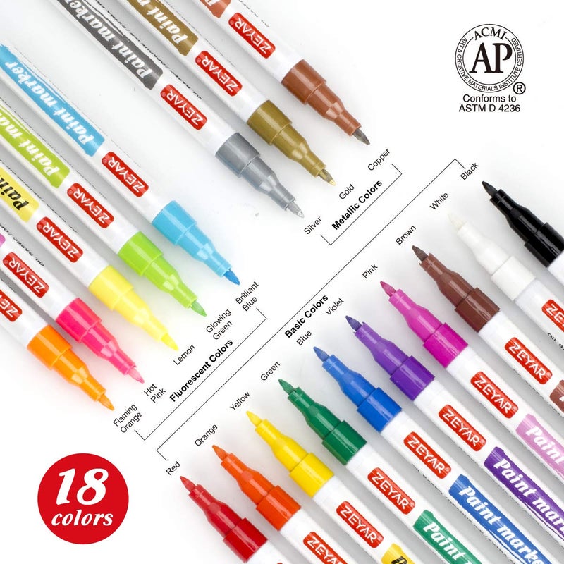 ZEYAR Oil-Based Paint Markers, Expert of Rock Painting, Extra Fine Point, 18 Colors, AP Certified. Works on Rock, Wood, Glass, Metal, Ceramic and more - Image 2