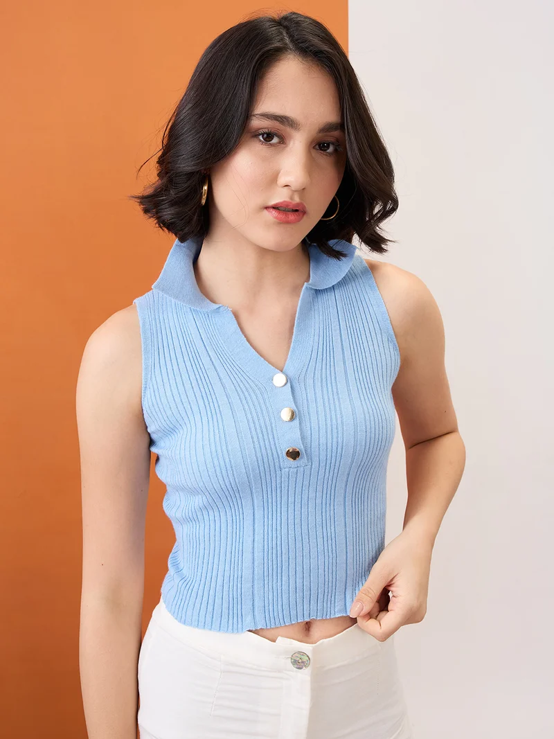 Women Blue Collared Halter Neck Gold Button Detail Flat Knit Ribbed Crop Top