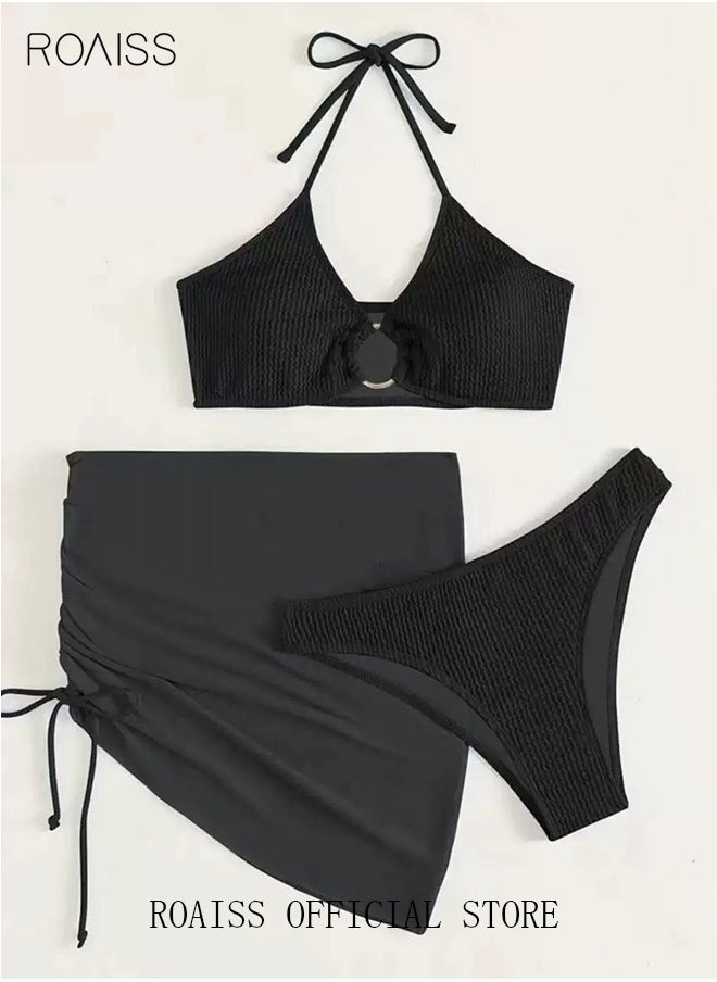 roaiss - 3 Pack Bikini Sets Halter Beachwear Ladies Tankini Swimsuit Hollow Out Beach Skirt Push Up Textured Ring Linked for Swimwear Solid Black - Image 1