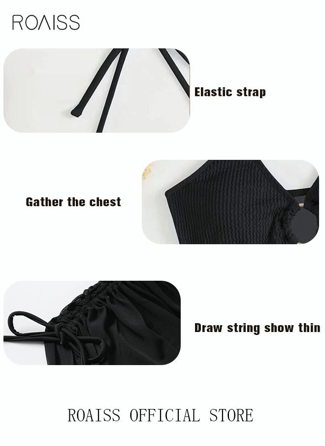 roaiss - 3 Pack Bikini Sets Halter Beachwear Ladies Tankini Swimsuit Hollow Out Beach Skirt Push Up Textured Ring Linked for Swimwear Solid Black - Image 1