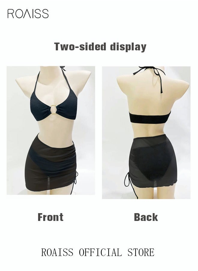 roaiss - 3 Pack Bikini Sets Halter Beachwear Ladies Tankini Swimsuit Hollow Out Beach Skirt Push Up Textured Ring Linked for Swimwear Solid Black - Image 1