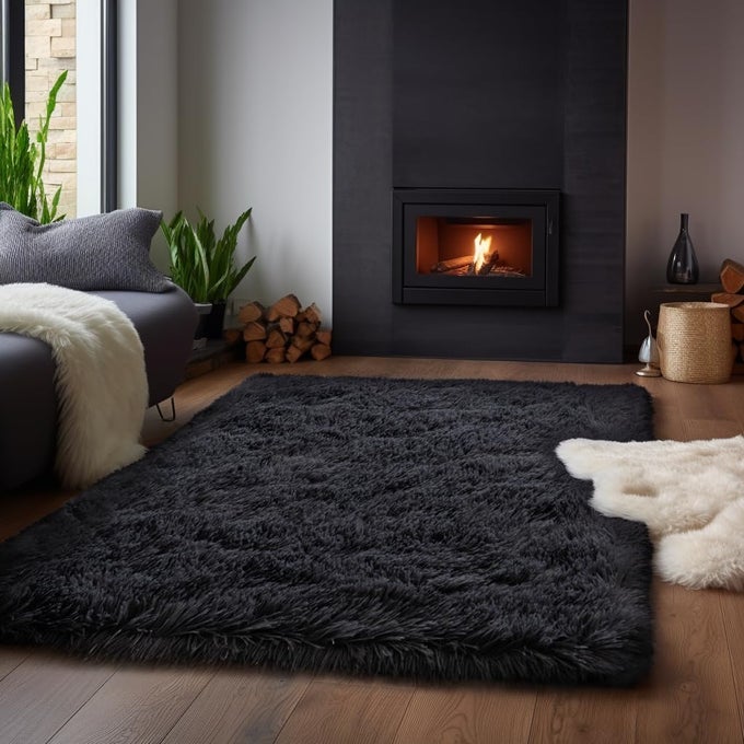 BLACK AREA RUGS FOR LIVING ROOM BEDROOM 4X6 MEN ROOM CARPET FLUFFY FURRY SHAG AESTHETIC PLUSH HIGH PILE FLOOR RUG FOR NURSERY KIDS ROOM DORM HOME DECOR
