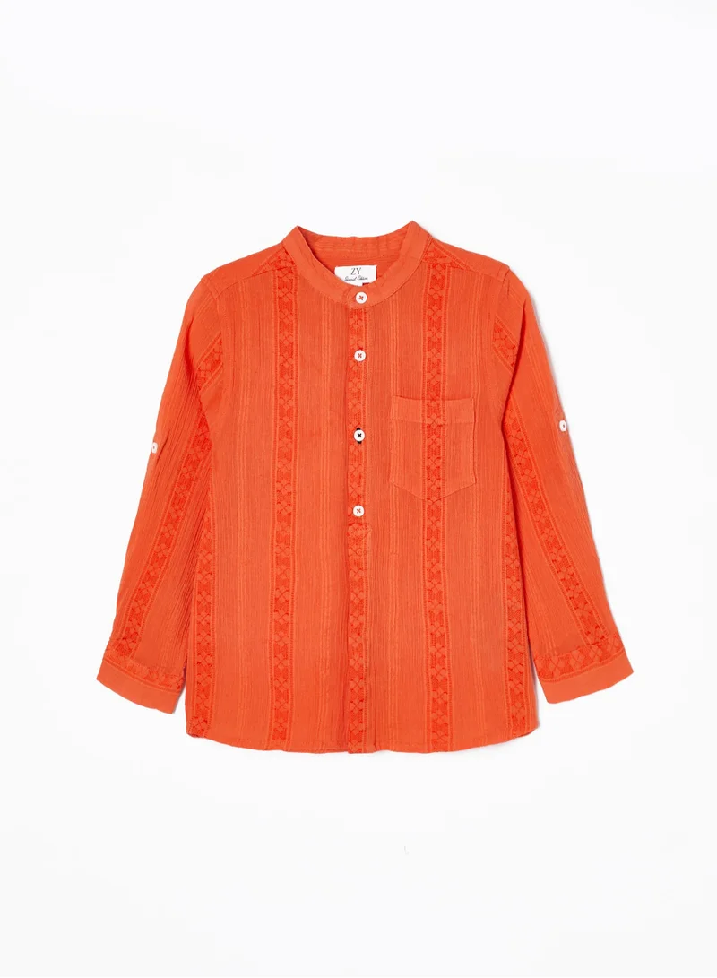 Zippy Zippy Cotton Shirt With Mao Collar And Embroidery For Baby Boys