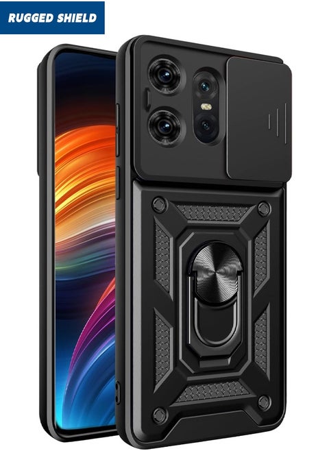 Motorola Edge 50 Pro Back Cover, Motorola Edge 50 Pro Cover with Slide Camera Cover, Military Grade Heavy Duty Shockproof Phone Case Cover with Ring Kickstand for Motorola Edge 50 Pro 5G, Black