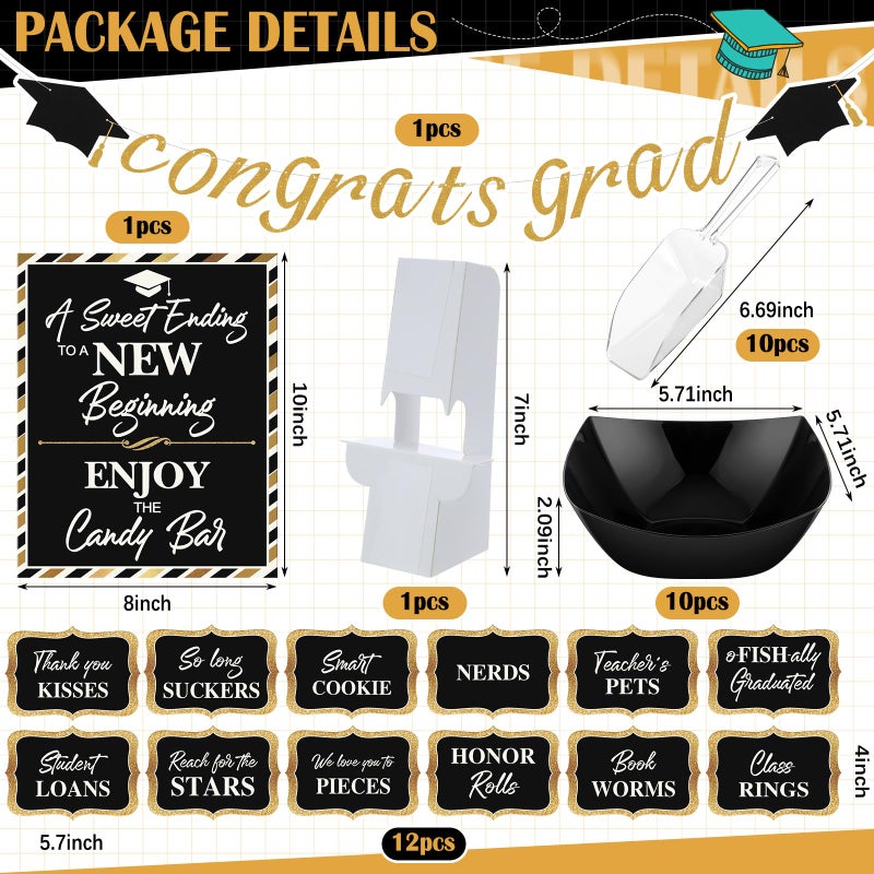 Meanplan 34 Pcs 2026 Graduation Candy Buffet Set Include 1 Candy Buffet Table Sign with Stand 1 Congrats Grad Banner 10 Plastic Bowls 10 Spoons 12 Snack Labels Grad Bar Party Dessert Food Decor, Black - Image 2