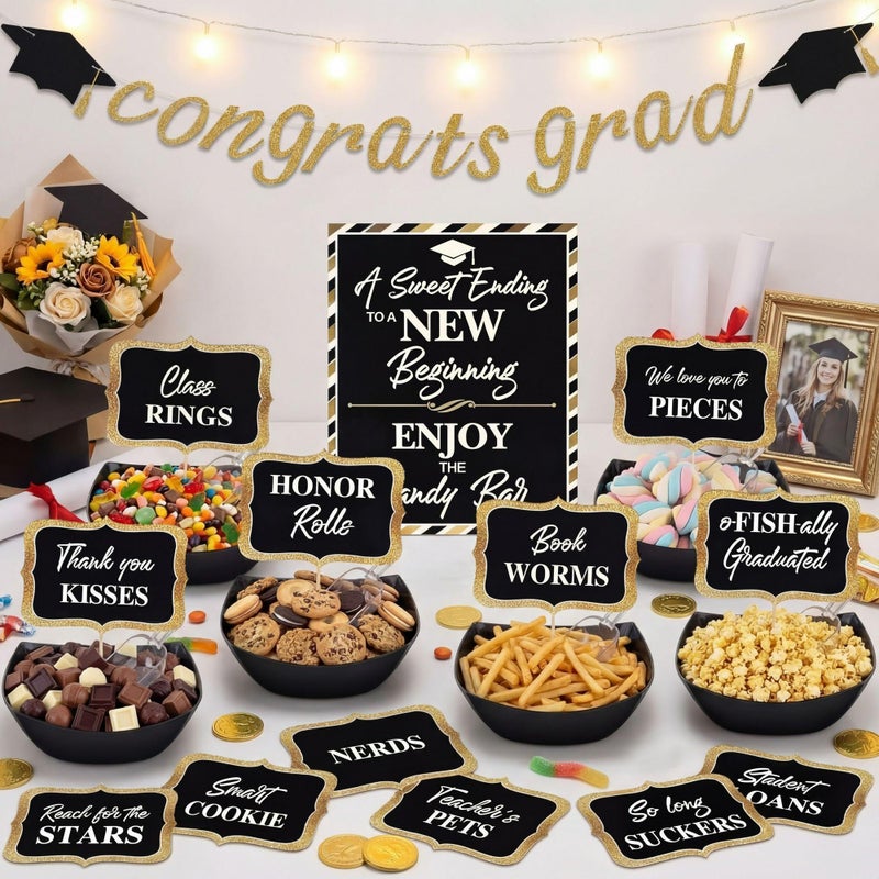 Meanplan 34 Pcs 2026 Graduation Candy Buffet Set Include 1 Candy Buffet Table Sign with Stand 1 Congrats Grad Banner 10 Plastic Bowls 10 Spoons 12 Snack Labels Grad Bar Party Dessert Food Decor, Black - Image 1