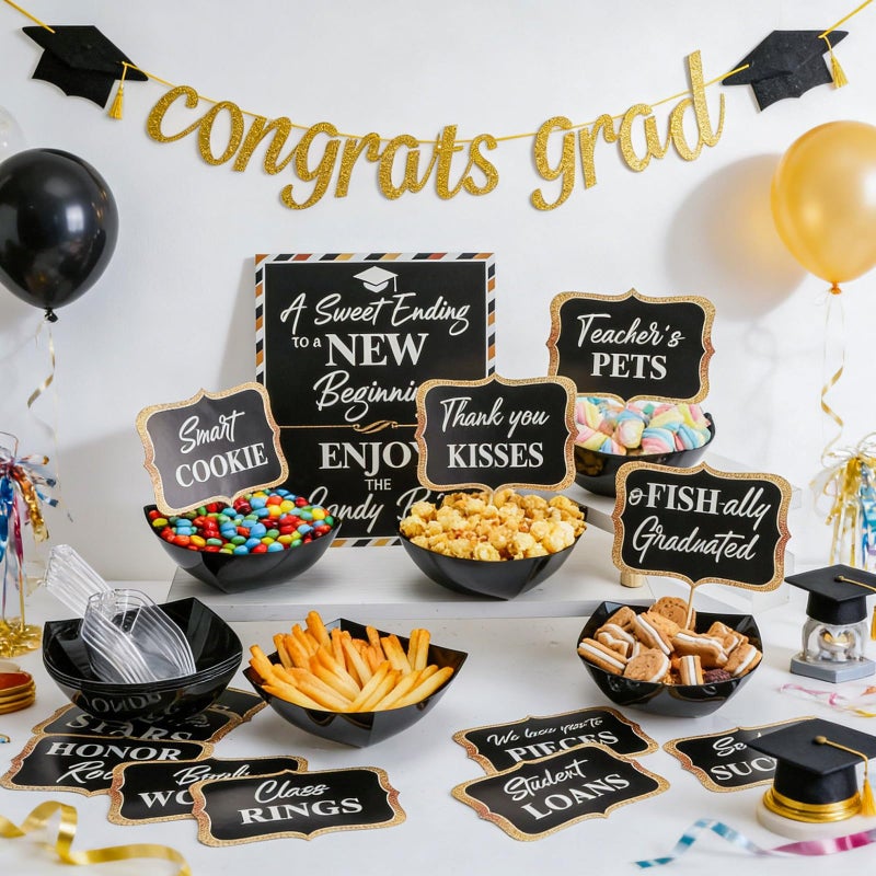 Meanplan 34 Pcs 2026 Graduation Candy Buffet Set Include 1 Candy Buffet Table Sign with Stand 1 Congrats Grad Banner 10 Plastic Bowls 10 Spoons 12 Snack Labels Grad Bar Party Dessert Food Decor, Black - Image 3