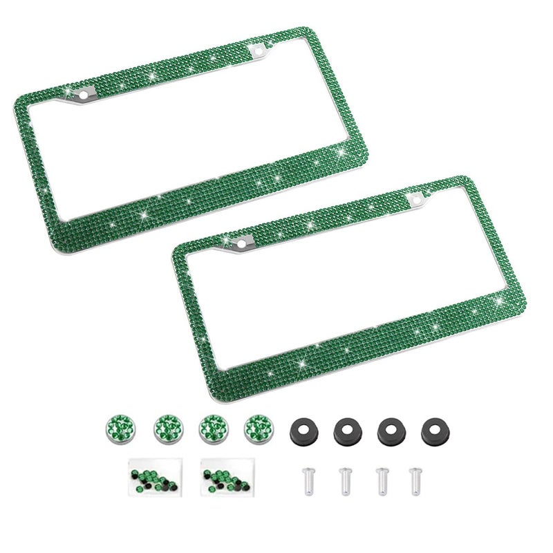 YALOK Bling 2PCS Car License Plate Frame, Handcrafted Crystal Stainless Steel License Plate Frame, Sparkly, Durable, Universal Fit, Car Accessories for Girls, Women (Dark Green) - Image 1