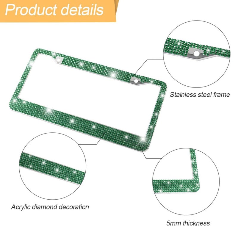 YALOK Bling 2PCS Car License Plate Frame, Handcrafted Crystal Stainless Steel License Plate Frame, Sparkly, Durable, Universal Fit, Car Accessories for Girls, Women (Dark Green) - Image 3
