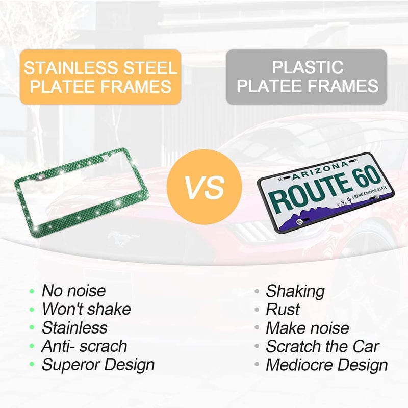 YALOK Bling 2PCS Car License Plate Frame, Handcrafted Crystal Stainless Steel License Plate Frame, Sparkly, Durable, Universal Fit, Car Accessories for Girls, Women (Dark Green) - Image 4