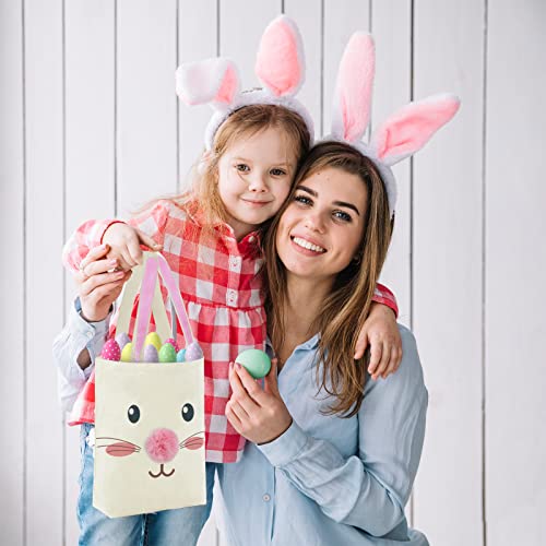 ATFUNSHOP Easter Canvas Tote Bag for Kids Reusable Large Easter Bunny Bags Baskets for Easter Egg Hunt Baby Shower Birthday Party Supplies Pink - Image 3