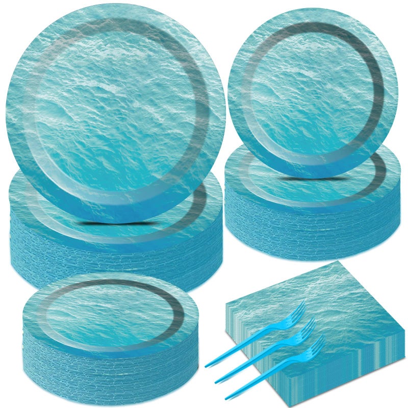 gisgfim 50 Guests Ocean Sea Birthday Party Supplies Ocean Waves Plates and Napkins Set Under the Sea Themed Party Decorations Tableware for Men Women Boy Girl Birthday Baby Shower 200 PCS