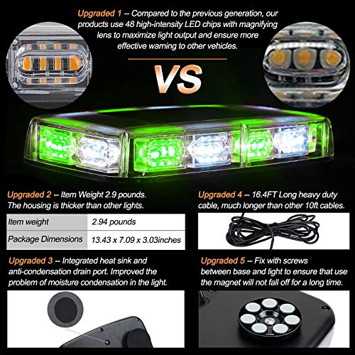 ASPL 48LED Roof Top Strobe Lights, High Visibility Emergency Safety Warning LED Mini Strobe Light bar with Magnetic Base for 12-24V Snow Plow, Trucks, Construction Vehicles (Green/White) - Image 2