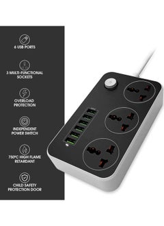 3.4 A Smart Extension Board with 3 Universal Socket and Surge Protector with 6 USB Type A Charger Ports(Black)