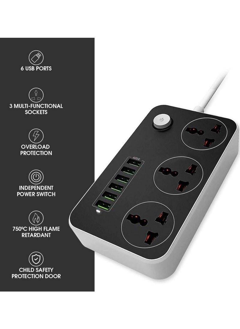 Generic - 3.4 A Smart Extension Board with 3 Universal Socket and Surge Protector with 6 USB Type A Charger Ports(Black) - Image 1