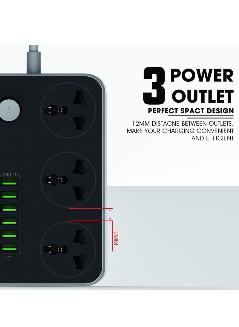 Generic - 3.4 A Smart Extension Board with 3 Universal Socket and Surge Protector with 6 USB Type A Charger Ports(Black) - Image 1
