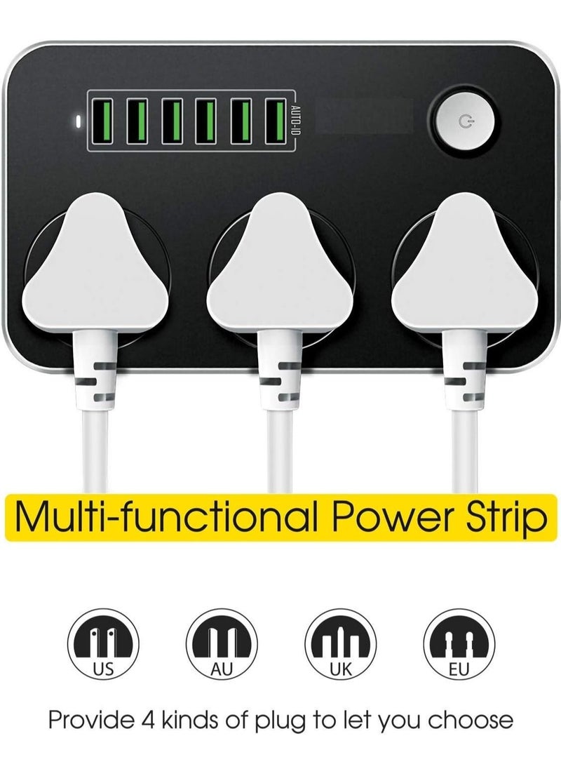 Generic - 3.4 A Smart Extension Board with 3 Universal Socket and Surge Protector with 6 USB Type A Charger Ports(Black) - Image 1
