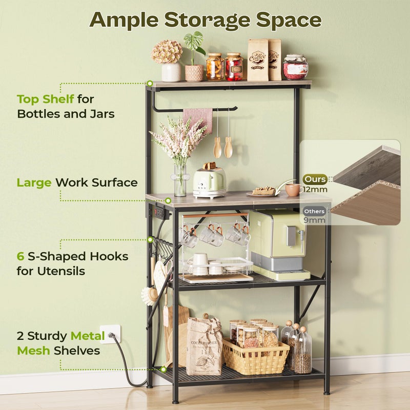Huuger 4-Tier Bakers Rack with Reversible Power Outlet, 23.6 Inch Microwave Stand, Kitchen Coffee Bar, with Top Shelf, 6 S Hooks, Grey - Image 4