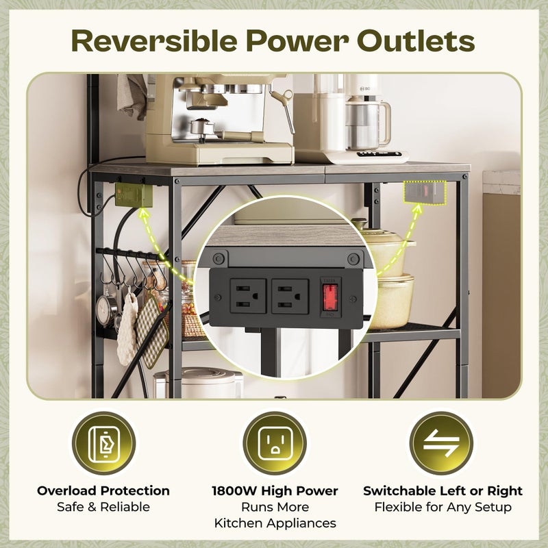 Huuger 4-Tier Bakers Rack with Reversible Power Outlet, 23.6 Inch Microwave Stand, Kitchen Coffee Bar, with Top Shelf, 6 S Hooks, Grey - Image 3
