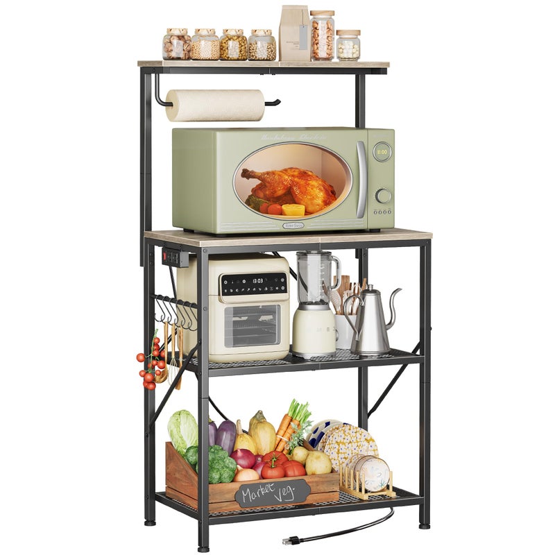 Huuger 4-Tier Bakers Rack with Reversible Power Outlet, 23.6 Inch Microwave Stand, Kitchen Coffee Bar, with Top Shelf, 6 S Hooks, Grey - Image 1