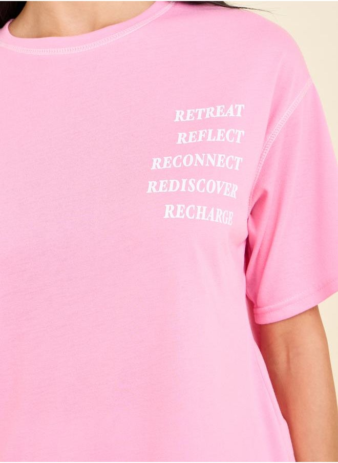 Styli - Slogan Print Contrast Stitch Drop Shoulder T-shirt and Spot Cuff Pyjama Set - Image 1