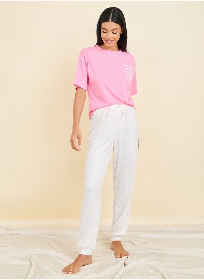Styli - Slogan Print Contrast Stitch Drop Shoulder T-shirt and Spot Cuff Pyjama Set - Image 1