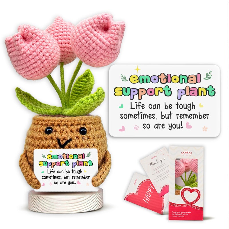 Gossby Handmade Positive Tulip Flower Emotional Support Crochet Gift for Women Inspirational Mental Health Mothers Day Birthday Gift for Mom Sister Friend Coworker Crochet Doll with Card - Image 2