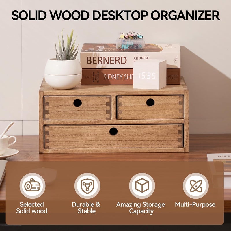 KIRIGEN Wooden Desktop Organizer - Office Supplies Filing Tidy Storage Shelf - Storage Cabinet/Jewelry Organizer with 3 Drawers(BR, 2-Layer &3 Drawers) - Image 3