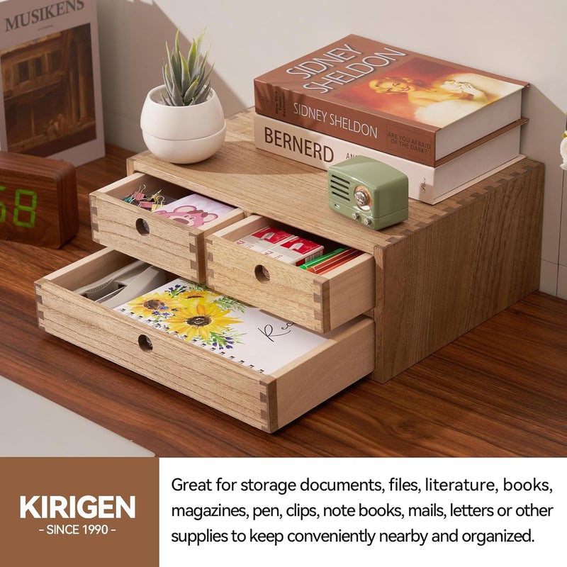 KIRIGEN Wooden Desktop Organizer - Office Supplies Filing Tidy Storage Shelf - Storage Cabinet/Jewelry Organizer with 3 Drawers(BR, 2-Layer &3 Drawers) - Image 4