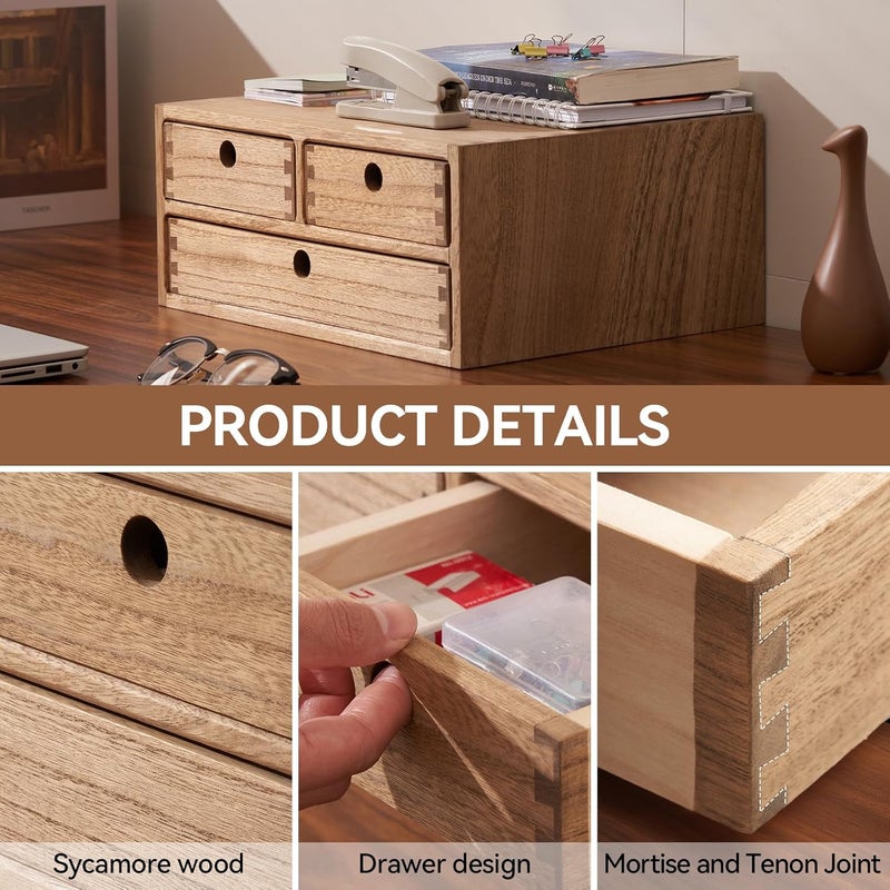 KIRIGEN Wooden Desktop Organizer - Office Supplies Filing Tidy Storage Shelf - Storage Cabinet/Jewelry Organizer with 3 Drawers(BR, 2-Layer &3 Drawers) - Image 5