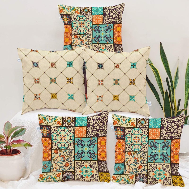 STITCHNEST Ethnic Art Box Printed Poly Cotton Cushion Cover Set of 5 16 X 16 Inches - Image 1