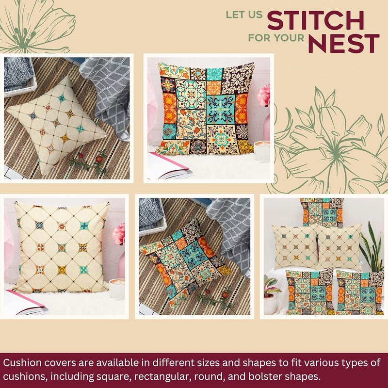 STITCHNEST Ethnic Art Box Printed Poly Cotton Cushion Cover Set of 5 16 X 16 Inches - Image 2