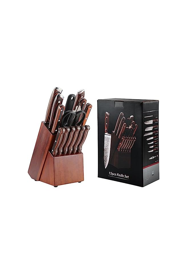 PROMASS طقم سكاكين، 15 قطعة من سكاكين المطبخ المصنوعة من الفولاذ المقاوم للصدأ عالي الكربون، سكين احترافية مطروقة من الفولاذ المقاوم للصدأ + مقبض خشبي، مجموعة سكاكين مع مقص ومبراة - Image 2