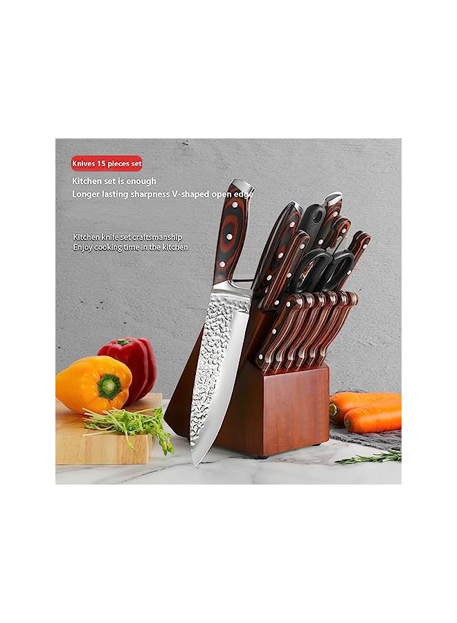PROMASS طقم سكاكين، 15 قطعة من سكاكين المطبخ المصنوعة من الفولاذ المقاوم للصدأ عالي الكربون، سكين احترافية مطروقة من الفولاذ المقاوم للصدأ + مقبض خشبي، مجموعة سكاكين مع مقص ومبراة - Image 3