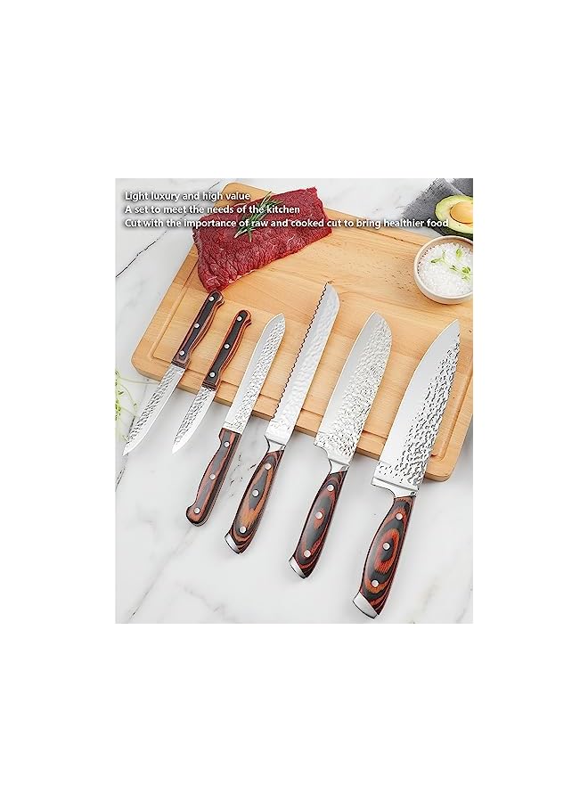 PROMASS طقم سكاكين، 15 قطعة من سكاكين المطبخ المصنوعة من الفولاذ المقاوم للصدأ عالي الكربون، سكين احترافية مطروقة من الفولاذ المقاوم للصدأ + مقبض خشبي، مجموعة سكاكين مع مقص ومبراة - Image 4