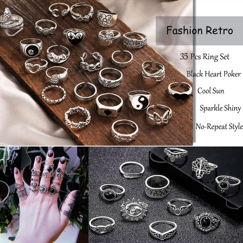 17IF 35 Pcs Vintage Silver Knuckle Rings Set for Women Men, Grunge Gothic Rings Chunky Aesthetic Snake Stackable Ring Adjustable Y2K Punk Bulky Boho Finger Alt Fairy Skull Frog Heart Star Flower Midi Ring Pack - Image 3