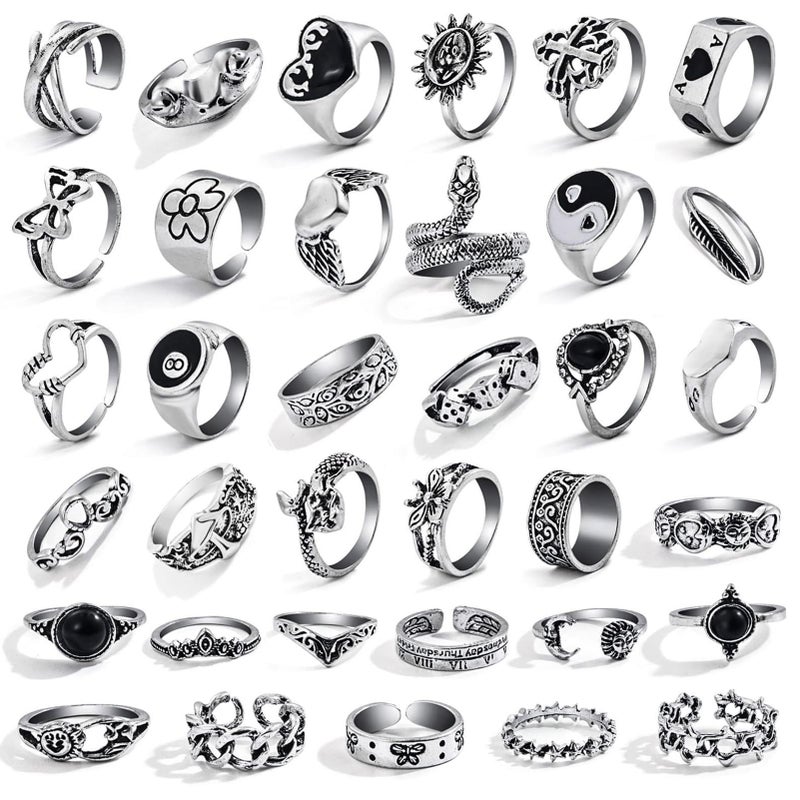 17IF 35 Pcs Vintage Silver Knuckle Rings Set for Women Men, Grunge Gothic Rings Chunky Aesthetic Snake Stackable Ring Adjustable Y2K Punk Bulky Boho Finger Alt Fairy Skull Frog Heart Star Flower Midi Ring Pack - Image 1