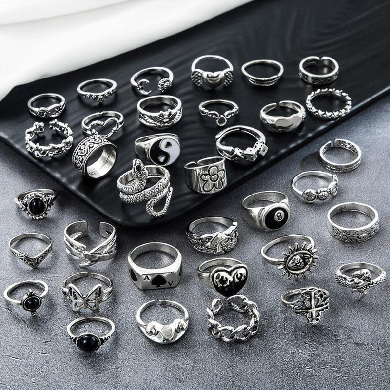 17IF 35 Pcs Vintage Silver Knuckle Rings Set for Women Men, Grunge Gothic Rings Chunky Aesthetic Snake Stackable Ring Adjustable Y2K Punk Bulky Boho Finger Alt Fairy Skull Frog Heart Star Flower Midi Ring Pack - Image 4