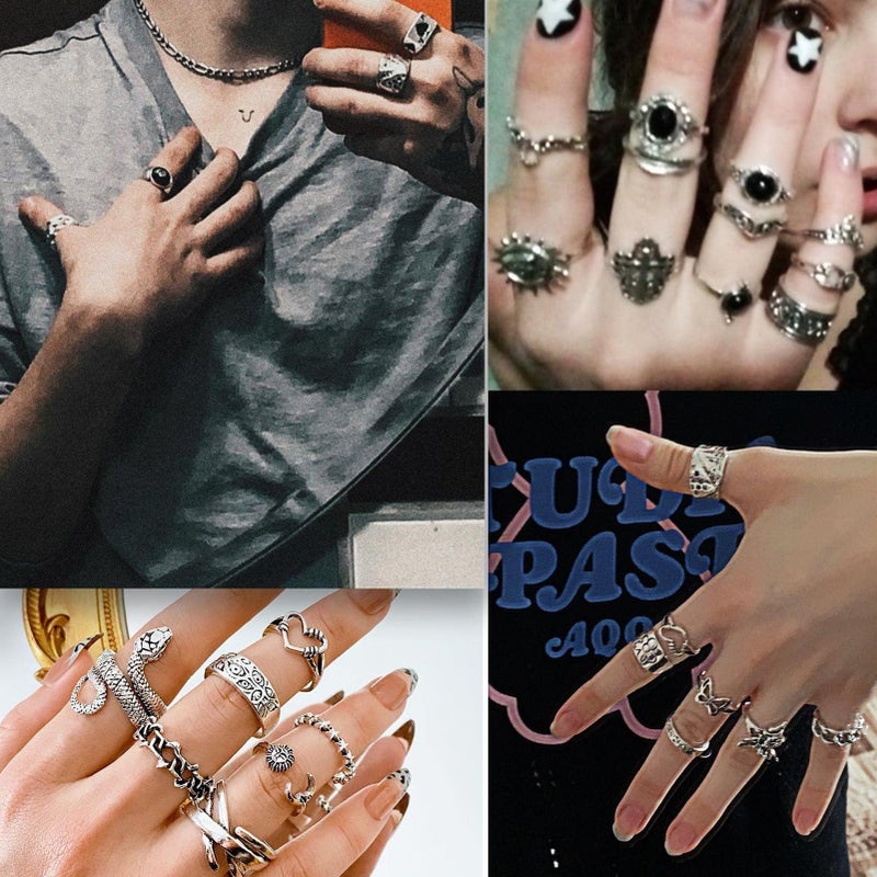 17IF 35 Pcs Vintage Silver Knuckle Rings Set for Women Men, Grunge Gothic Rings Chunky Aesthetic Snake Stackable Ring Adjustable Y2K Punk Bulky Boho Finger Alt Fairy Skull Frog Heart Star Flower Midi Ring Pack - Image 5