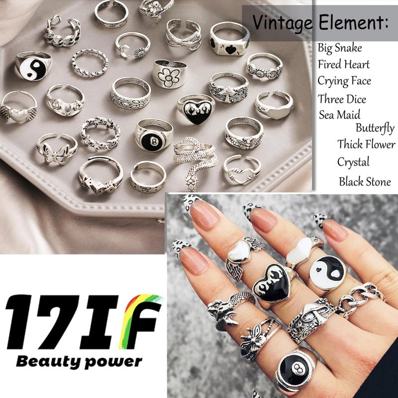 17IF 35 Pcs Vintage Silver Knuckle Rings Set for Women Men, Grunge Gothic Rings Chunky Aesthetic Snake Stackable Ring Adjustable Y2K Punk Bulky Boho Finger Alt Fairy Skull Frog Heart Star Flower Midi Ring Pack - Image 2