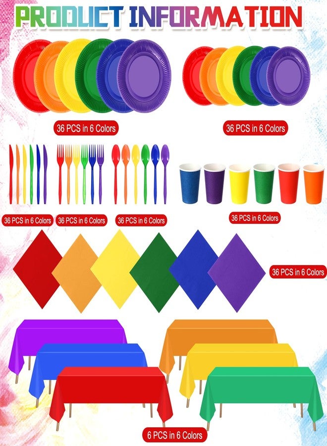 Tegeme 258 Pcs Rainbow Party Supplies Serves 36 Guests Include Colorful Paper Plates Cups Napkins Plastic Forks Knives Spoons Tablecloths Disposable Dinnerware Set for Neon Rainbow Birthday Party - Image 5