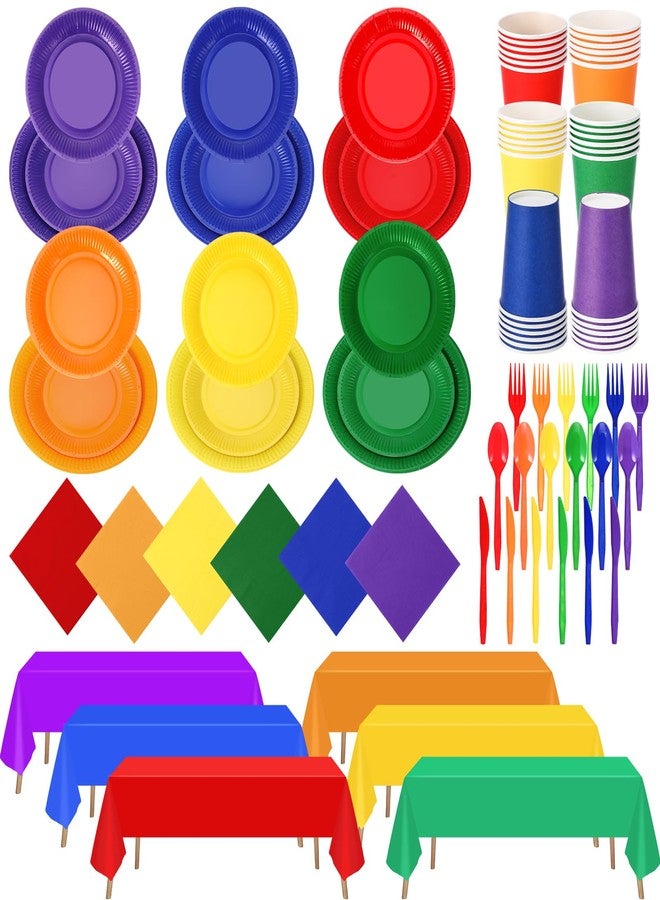 Tegeme 258 Pcs Rainbow Party Supplies Serves 36 Guests Include Colorful Paper Plates Cups Napkins Plastic Forks Knives Spoons Tablecloths Disposable Dinnerware Set for Neon Rainbow Birthday Party - Image 1