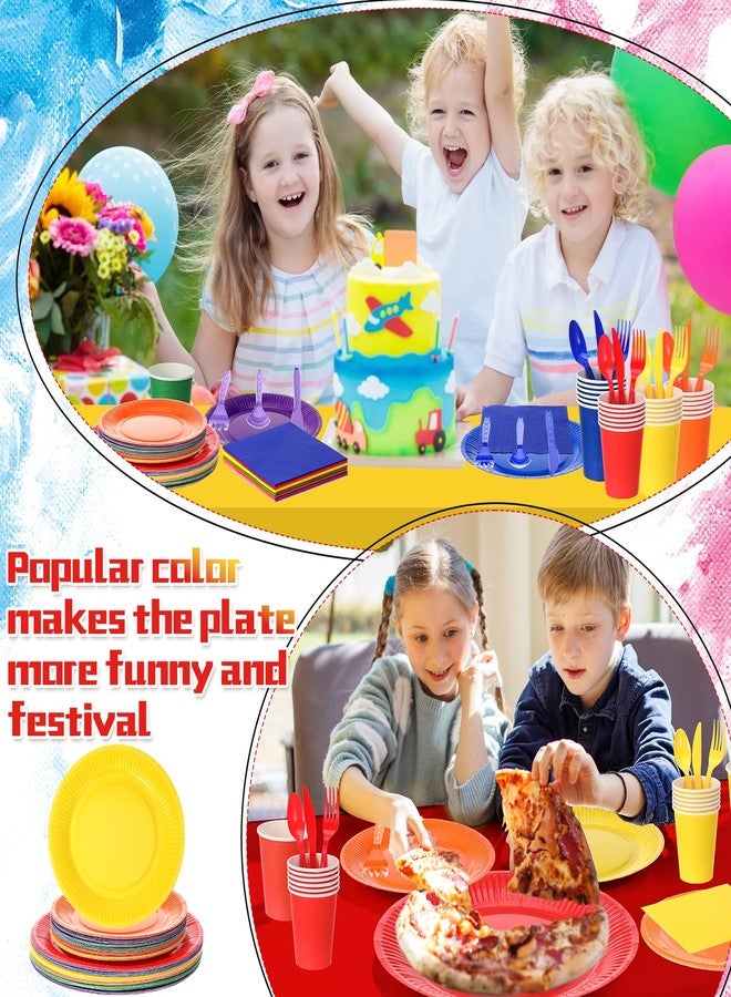 Tegeme 258 Pcs Rainbow Party Supplies Serves 36 Guests Include Colorful Paper Plates Cups Napkins Plastic Forks Knives Spoons Tablecloths Disposable Dinnerware Set for Neon Rainbow Birthday Party - Image 2