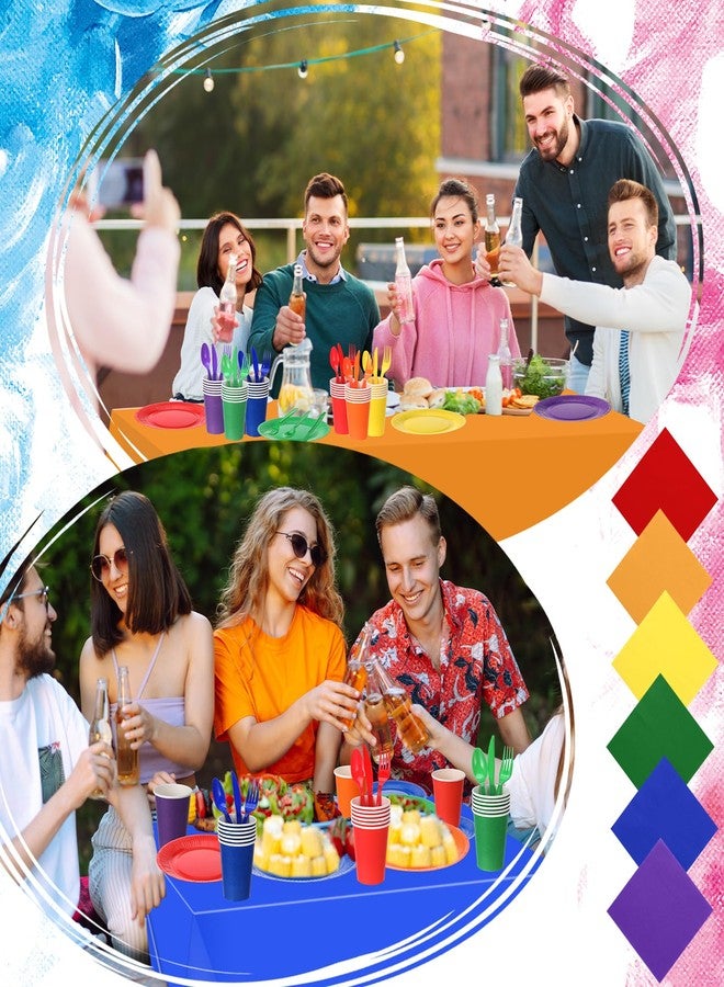 Tegeme 258 Pcs Rainbow Party Supplies Serves 36 Guests Include Colorful Paper Plates Cups Napkins Plastic Forks Knives Spoons Tablecloths Disposable Dinnerware Set for Neon Rainbow Birthday Party - Image 3